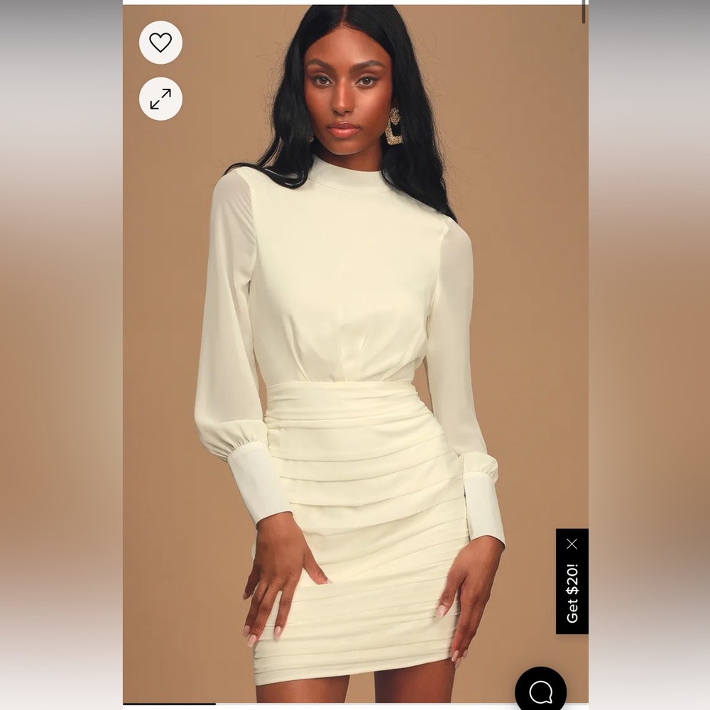 BNWT Lulus Major Inspo Cream Ruched Long Sleeve Mini Dress.